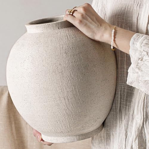 White Ceramic Vase - Large 12.5 Inch Round Floor Vase for Centerpieces, Farmhouse Rustic Minimalist Home Decor (Sandstone White)