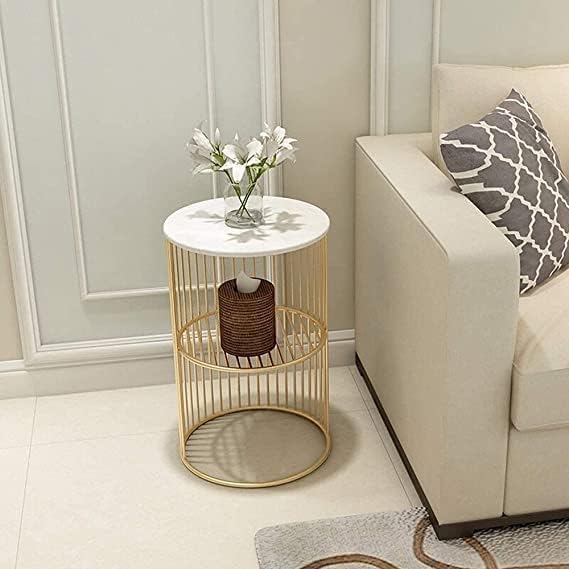 Image of Coffee Round Accent Table with Metal and Engineered Wood Tabletop and Powder Coated Frame for Living Room and Balcony (White Gold)