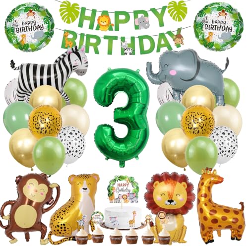 Balões de animais de selva para 3º aniversário - conjunto de decoração de 41 unidades, Topper ouro verde, bolo para crianças, meninas e meninos