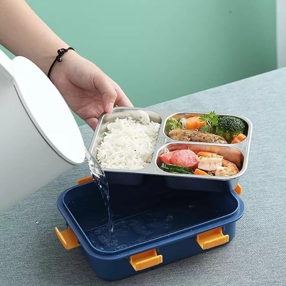 Image of SR 3 Compartment Stainless Steel Lunch Box, Leakage Proof Lunch Box for School Kids and Adults Pack of 1 (Multi Color)