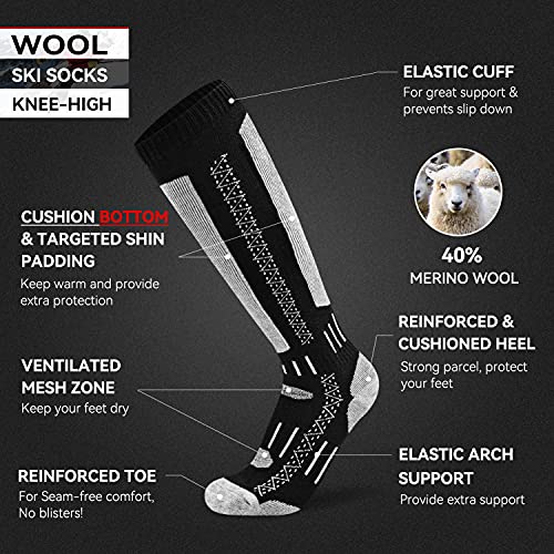 Busy Socks Merino Wool Sport Skiing Socks For Men, Knee High Real Wool Softness Warm Mesh Breathable Cushioned Sport Socks For Women, Large, 1 Pair Black/Light Grey #TOP2