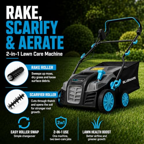Bluemars 2000W Lawn Scarifier and Aerator, 40CM Working Width Electric Lawn Rake,5 Positions,55L Grass Box, Folding Handle,10M Power Cord - Image 5