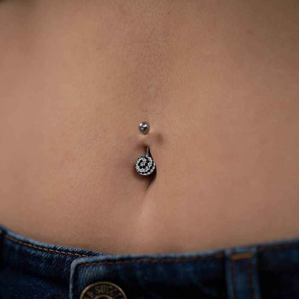 Black Spiral on White Multi Crystal Stones with 316L Surgical Steel 14 Gauge - 10mm Length Curved Barbell with 5mm Top Ball Belly Ring - Belly Button jewelry - Navel jewelry - Ball Navel Ring