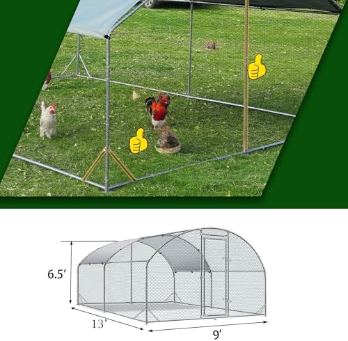 Large Metal Chicken Coop Upgrade Tri-Supporting Wire Mesh Chicken Run,Chicken Pen with Water-Resident and Anti-UV Cover,Duck Rabbit House Outdoor(9'W x 13'L x 6.5'H)