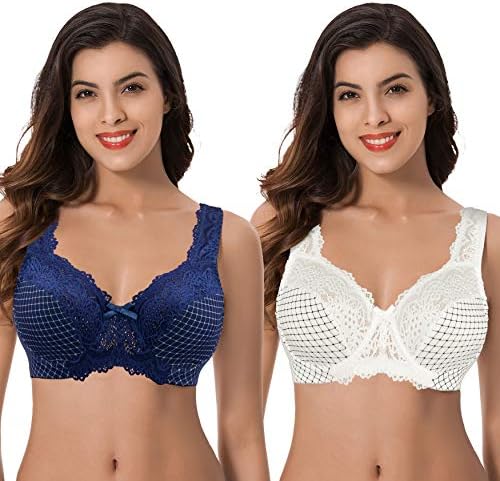 Curve Muse Women's Minimizer Unlined Underwire Bra with Lace Embroidery-2 Pack-Buttermilk Print,Blue Print-46DDD