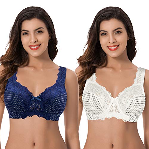 Curve Muse Women's Minimizer Unlined Underwire Bra with Lace Embroidery-2 Pack-Buttermilk Print,Blue Print-38C