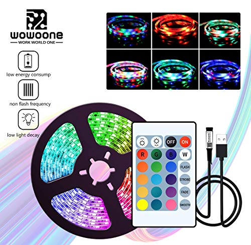 Eiechip 5V USB LED Strip Light 16.4ft,RGB TV Backlight 2835 Lighting for TV Room Holiday Decoration with 24 Keys Remote Controller