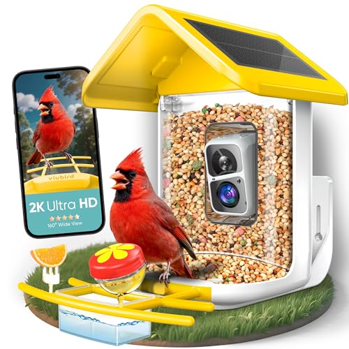Bird Feeder with Camera Solar Powered - Smart Bird Feeder Camera 2K HD Live Stream, 5MP Photos, AI Identification for Backyard, 2.4Lb Large Capacity, Gifts for Mom Dad, Yellow White