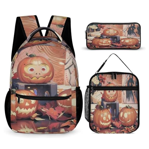 3Pcs Backpack Sets Halloween Pumpkin Print Travel Daypack 3 in 1 Lightweight Backpack Set with Lunch Bag And Cosmetic Bag