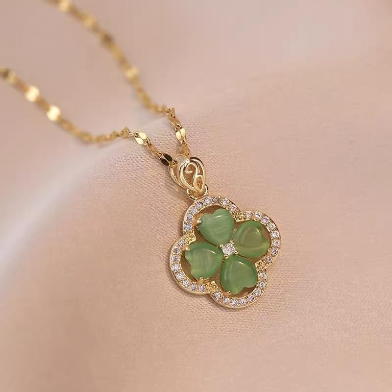 Lucky Four Leaf Clover Green Cat Eye Stone Stainless Steel Pendant Necklace for Women Cubic Zirconia Heart Leaves Charms Adjustable Chain Clavicle Choker Fashion Good Luck Irish St Patricks Day Gifts - Image 3