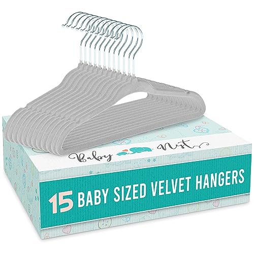 Image of Baby Nest Designs Kids Plastic Velvet Hangers for Closet, Children Non-Slip Hangers Dividers for Nursery Closet Organizer, Grey - Pack of 15