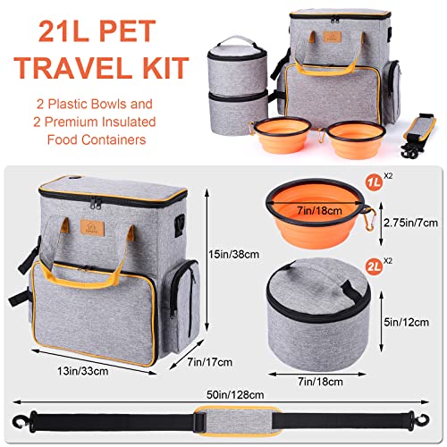 Ownpets Hunde Reisetasche, Reisetasche für Hundeausrüstung mit 2 Hundefuttertaschen, 2 faltbaren Näpfen und einem abnehmbaren Tragegurt, ideal für Reise, Camping, am Flugzeug tragbar(Grau)