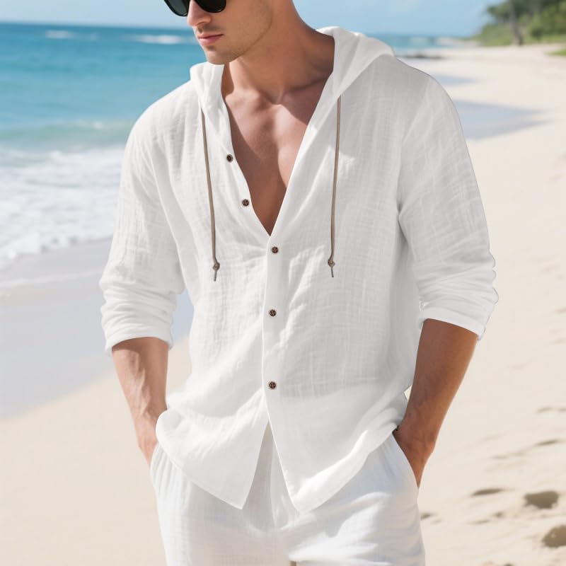 Mens Cotton Linen Hoodies Lightweight Long Sleeve Button Down Shirts Casual Hawaiian Beach Yoga Tops Sweatshirts - Image 2