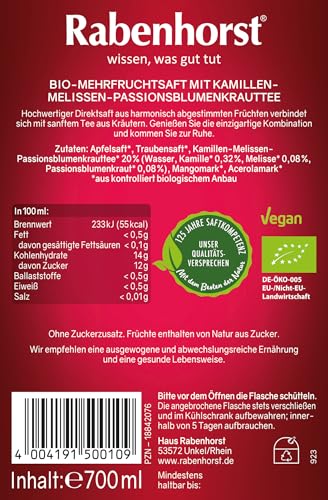 RABENHORST Innere Ruhe BIO, 6er Pack (6 x 700 ml) - Bio-Mehrfruchtsaft mit Kamillen-Melissen-Passionsblumenkrauttee
