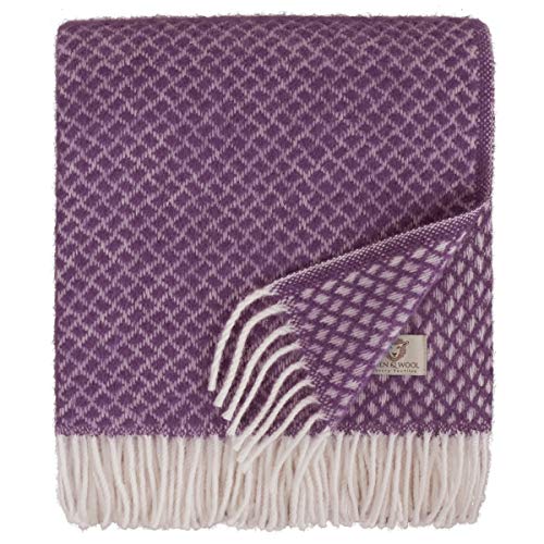 Linen & Cotton Luxus Kuschelige, Schöne und Warme Decke Wolldecke Wohndecke Kuscheldecke Sofia - 100% Reine Neuseeland Wolle, Violett/Lila (130 x 170 cm) Sofadecke/Tagesdecke/Schurwolldecke