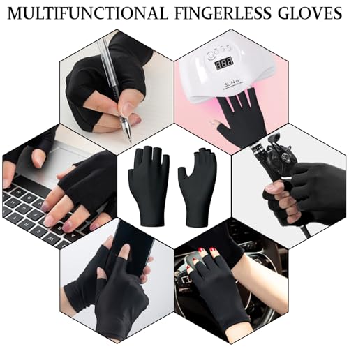 LUFFLOK 2 Paare UV Handschuhe Damen, Schwarz UV Handschuhe Nägel, Sonne Frauen Fingerlose Fahrhandschuhe EIS Seide rutschfest, Anti-UV-Schutz Fingerloser Handschuh für Nagellack (Schwarz)