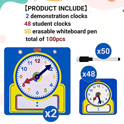 100 Pcs Teaching Clock Kit - Demonstration Learning Clocks Erasable Surface - Analog Clocks For Students Kids Learning To Tell Time - Writable Dry Erase Practice Clocks Classroom Homeschool Supplies #TOP1