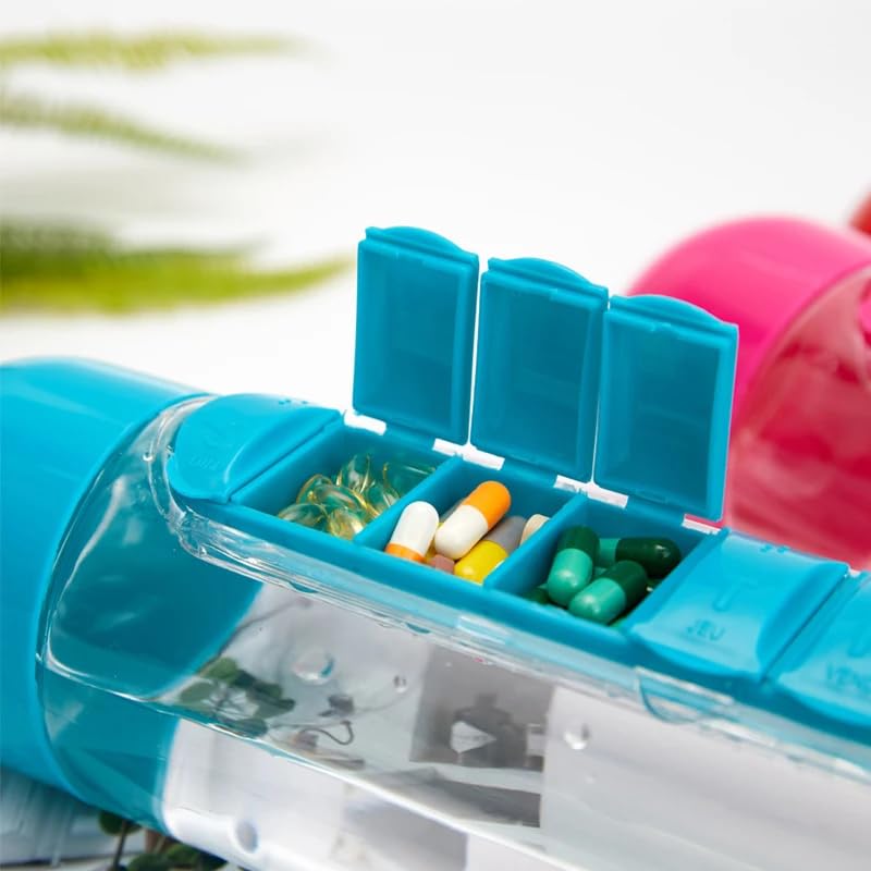 VIVITO 2-in-1 Pill Bottle and Water Bottle Organizer for Daily Medication Hydration - Pill Storage, Sports Water Bottle with Pill Box Organizer 7 Days Planner Box Pill Organizer 600ml (Blue) 1