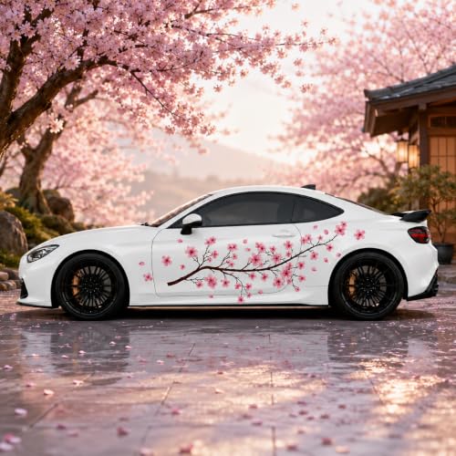 Image of 2PCS Sakura Cherry Blossom Car Side Decals - Japanese Floral Vinyl Graphics for Cars, SUVs, Trucks & Vans - Waterproof Fade Resistant Exterior Door Sticker Set (Left & Right Pair)