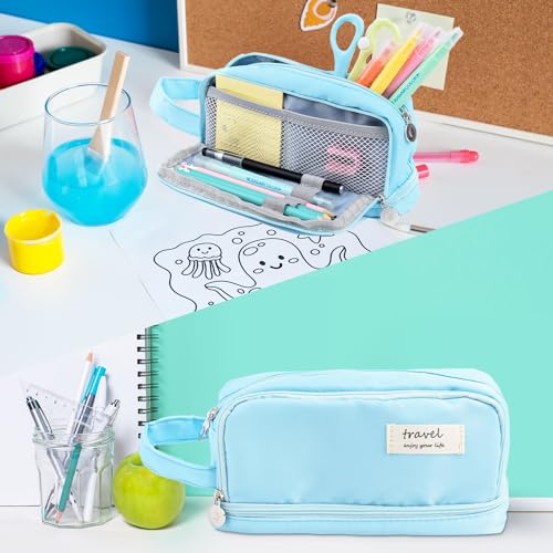Image of Large Capacity Pencil Case, Pen Bag, Stationery Storage Kit, Multiple Compartments, Office Travel Pouch, Arts and Crafts Supplies Organizer (LIGHT BLUE)