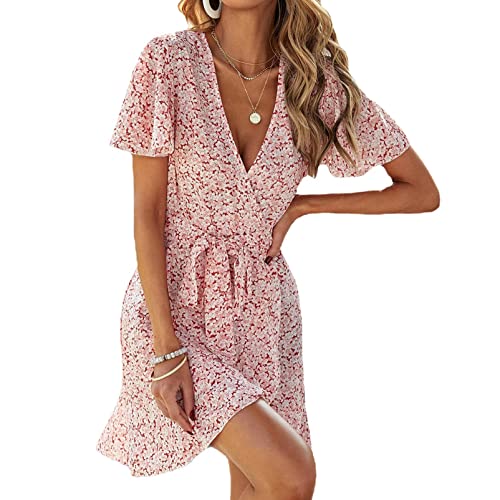 Damen Seiden V Ausschnitt Blumen Wickelkleid