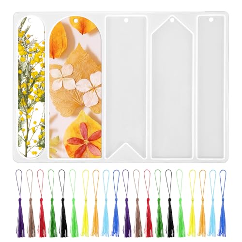 Bookmark Resin Molds Silicone 5 Shapes and 20 Pcs Bookmark Tassels Wide Arch Rectangle Bookmarks Molds Reusable Multi-Shape Silicone Mold for DIY Bookmarks Home Decoration Crafts