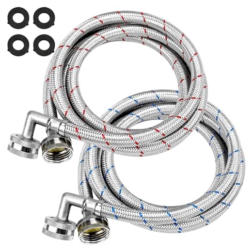 Beaquicy Washer Stainless Steel Hoses with 90 Degree Elbows - 6 Ft Long Red and Blue (2 Pack) Burst Proof - Hot and Cold Striped Water Supply Lines for Washing Machine