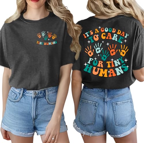 Teacher Shirts Women Preschool Teacher Shirt Tiny Humans Daycare Tshirt Kindergarten Teaching Life Gift Tee Tops(Darkgrey, Large)