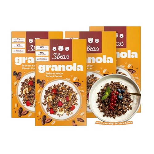 3Bears Granola – Erdnuss Kakao | Knuspriges & veganes Granola mit Erdnüssen und Kakao, 4x325g | Ohne Industriezucker | In Kooperation mit Sarah Harrison