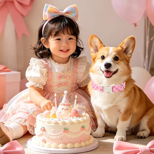 Image of Cute Pink Bow Dog Collar, Girly Cotton Adjustable Puppy Collar with Charm & Durable Quick Release Buckle,Spring Summer Collars for Small Medium Large Dogs