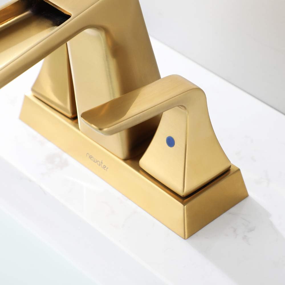 Wееklу Tор Sаlе NEWATER Two-Handle Waterfall 4-inch Centerset Three Hole Bathroom Sink Faucet with Metal Pop Up Drain & Supply Lines Vanity Faucet Bathroom Vessel Mixer Tap Deck Mounted，Brushed Gold