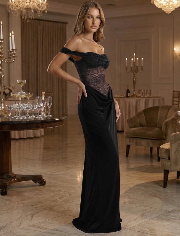 Vestido Mujer de Un Hombro con Encaje Transparente Elegante Maxi Vestidos de Fiesta Sexy Vestido Largo sin Mangas con Tirantes Finos y Abertura Alta Ajustado Vestidos para Bodas Cóctel Club