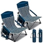 SunnyFeel Low Folding Camping Chair, Portable Beach Chairs, Mesh Back Lounger for Outdoor Lawn Beach Camp Picnic (Navy Stripe, 2-Pack)