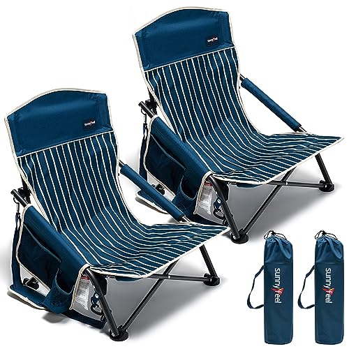 SUNNYFEEL Folding Low Camping Beach Chair 2 Pack, Portable Backpacking Chairs with Cup Holder,Carry Bag Compact & Heavy Duty for Adults 300 LBS for Outdoor Picnic Fishing Sand Lawn
