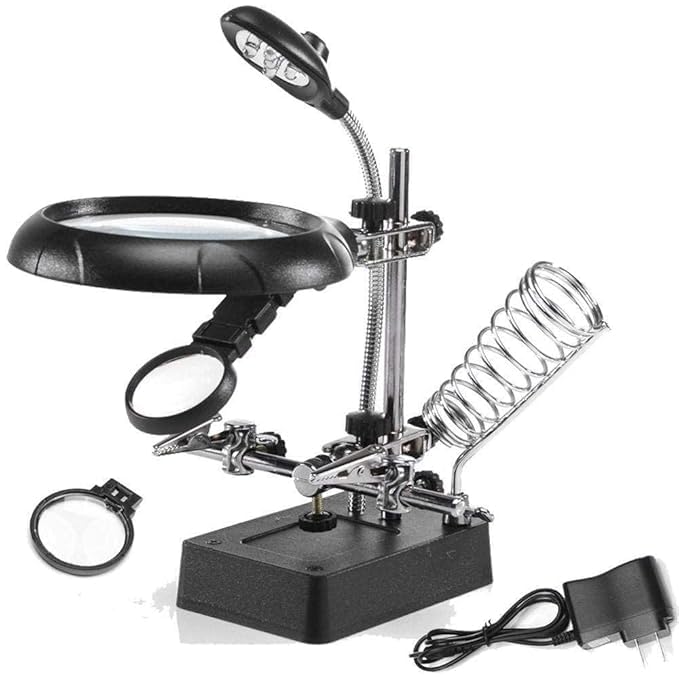 Image of URBAN BOX 5 LED Magnifying Soldering Iron Stand with Helping Hand Clip, 2.5X 7.5X 12.5X Magnifier, Black and White, Medium