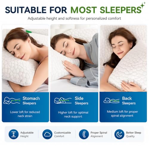 Image of SUPA MODERN Cooling Pillow Queen Size Set of 2, CertiPUR-US Shredded Memory Foam Pillows for Sleeping, Cool Bed Pillows for Hot Sleepers, Adjustable Firm Pillow for Side,Back,Stomach Sleepers