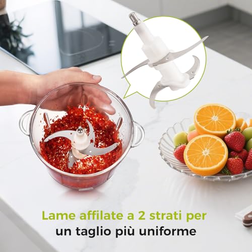 YASHE Tritatutto Elettrico 1,8L+2L, Robot da Cucina con Contenitori in Vetro e Acciaio Inox, Tritacarne 500W con 2 Velocità e 2 Set di Lame - immagine 5