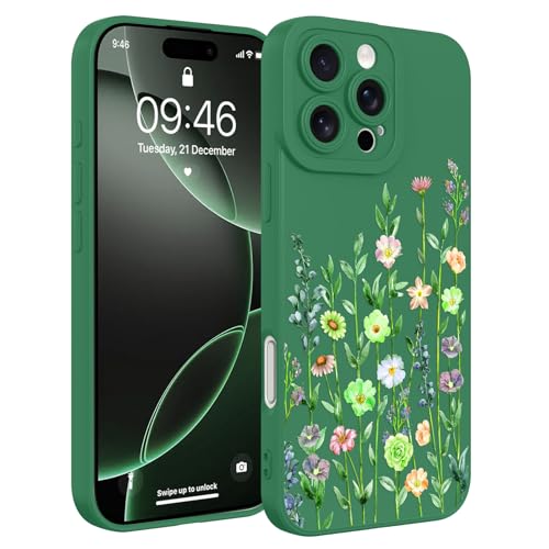 Image of Designed for iPhone 16 Pro Max Case Flower for Women Girls, Green | Cute Floral Pattern Liquid Silicone Phone Case [Full Camera Protection] Slim Soft TPU Protective Cover