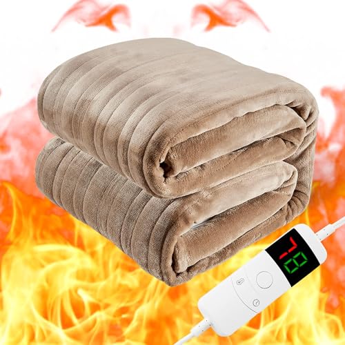 Flannel Heated Throw Blanket Fast Heating Soft Small Electric Blanket for Sofa Couch with Single 10 Heating Setting Controller, 1/2/4/6/8H Auto Shut Off Settings, Machine Washable, 50"x60", Camel by DAICO - Used condition - CA$33.53