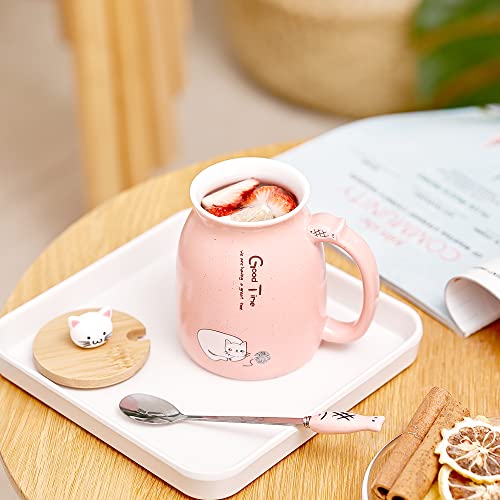SHENDONG 2 Pack Cat Mugs, Cute Ceramic Coffee Cups Set of 2 with Kawaii Bamboo Lid and Spoon - Image 4