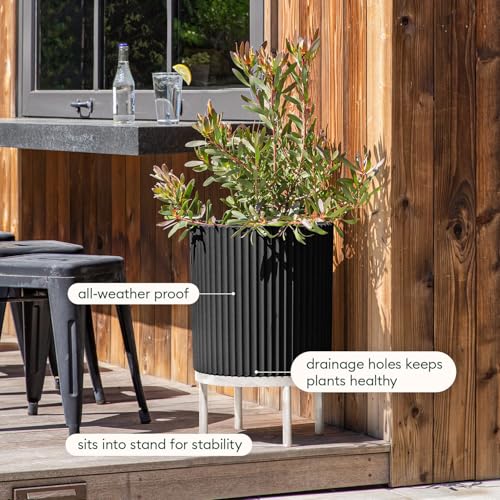 Image of Veradek Demi Series Raised Planter - Round Planter with Stand | Made From a Durable Plastic-Stone Composite & Comes With Wooden Stand. Modern Porch /Patio Decor