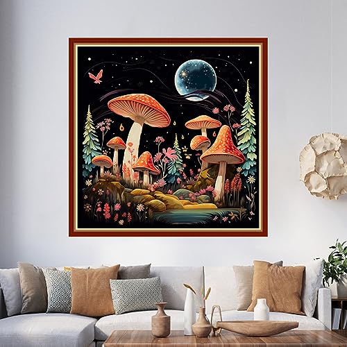 Image of Foxhool Beginners Cross Stitch Kits Stamped Full Range of Embroidery Kits for Adults DIY Cross Stitches kit Embroidery Patterns for Needlepoint kit-Colorful Mushrooms 17.7x17.7 inch