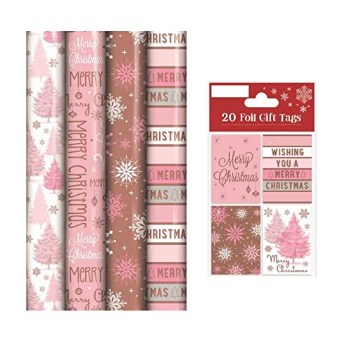 4 rolls Of 5 meter blush pink rose wrapping paper with 18 matching tags