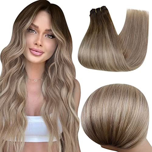 Easyouth Sew in Weft Hair Extensions Human Hair Balayage Darker Brown Fading to Ash Brown Highlights Light Blonde Weft Human Hair Extension Sew in Human Hair 14Inch 70g/pack