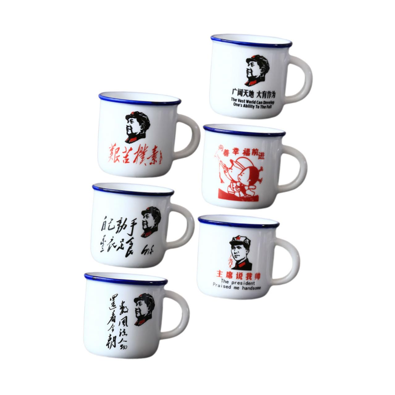 VANZACK 6 Stück Emaillebecher Vintage Wasserbecher Retro Stil Haushalts Emaillebecher aus Rostfreiem Material Rutschfester Griff Chinesisches Design Langlebiger Tee und Kaffeebecher
