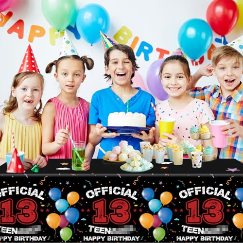 Image of 13th Birthday Decorations for Boys Red Black 13th Happy Birthday Tablecloth for Official 13 Teenager 13 Year Old Boy Birthday Decor