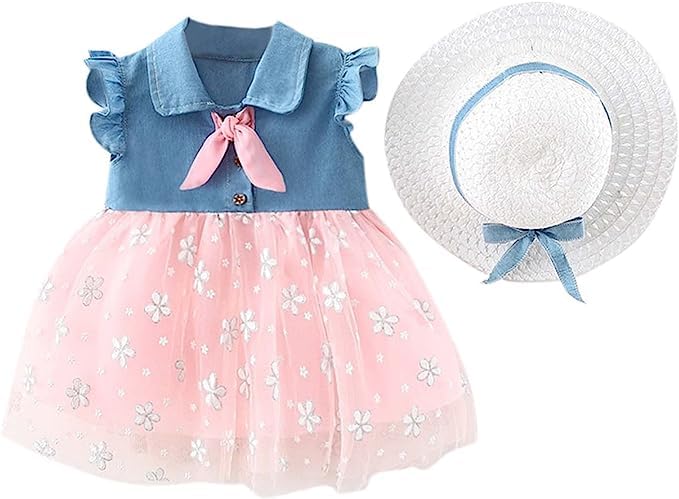 Image of Bold N Elegant Cap Sleeve Denim Embroidered Midi Party Dress Frock with Hat Dress for Infant Toddler Girl Baby Girl