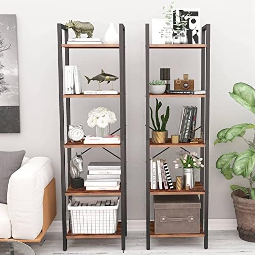 Nivnypt Bookshelf, 5-Tier Bookcases, Storage Organiser Ladder Shelf, Shelving Unit with Metal Frame, Narrow Industrial Shelves for Living Room, Home Office, Rustic Brown Black,40 * 30 * 153cm