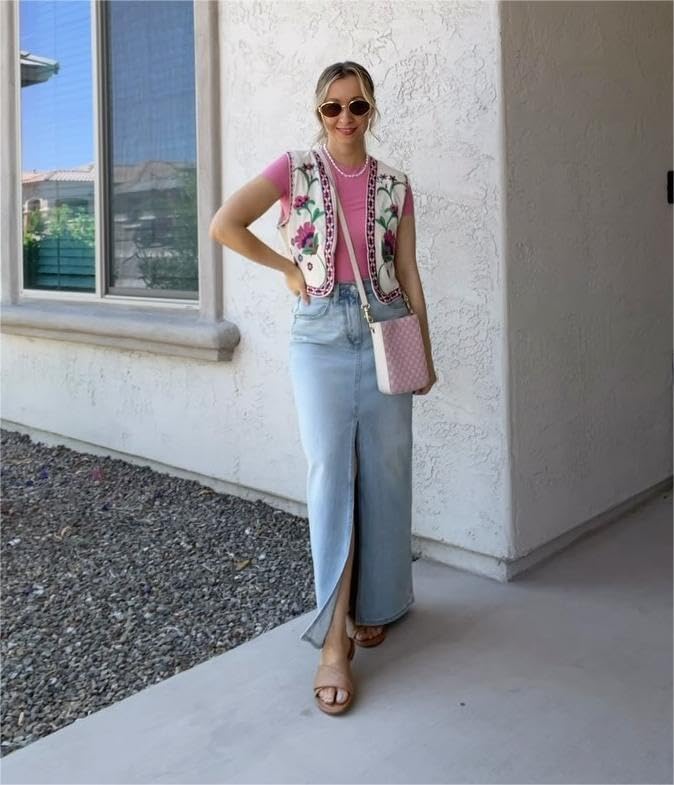 Women's Floral Embroidered Vest Boho Vintage Linen Vest Y2k Sleeveless 2024 Summer Waistcoat Top4