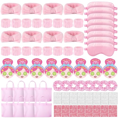 EYNDYN 72 Pcs Spa Sleepover Party Supplies for Girls With DIY Stickers And Greeting Card Pink Headband Wristbands Eye Mask Hair Scrunchie Tote Bag Sleeping Slumber Party Favors
